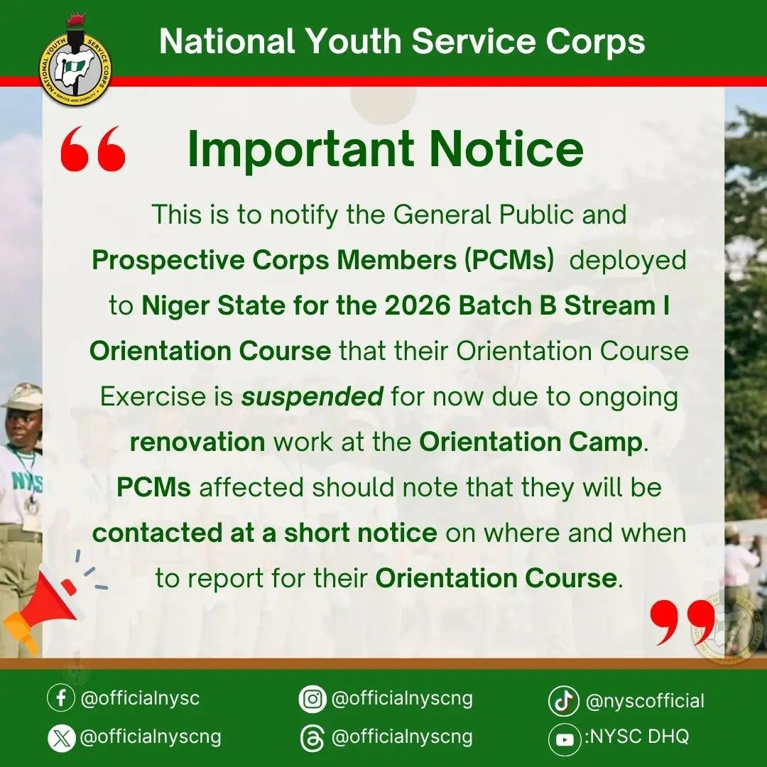 NYSC 2026 Batch B Stream I Orientation Course Postponed in Niger State