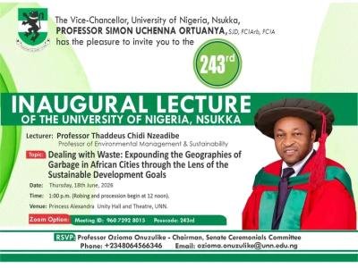 University of Nigeria, Nsukka (UNN) announces 243rd Inaugural Lecture